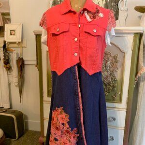 Upcycled Denim Duster Romantic Cottage Core Plus Size 16-18 XL